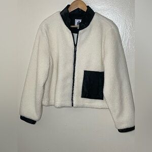 Juicy Couture women ivory Sherpa leather trim full zip Jacket